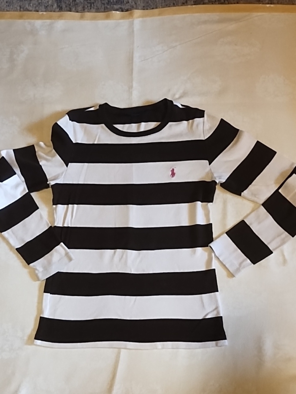 Ralph Lauren Sport Brown & Tan Striped Long-Sleeve Tee with Pink Pony VGC Large.